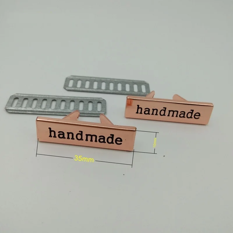 (20pcs/lot) 5 colors 35*10mm Handmade script metal bag label,handcraft handmade letters metal label decorative for purse