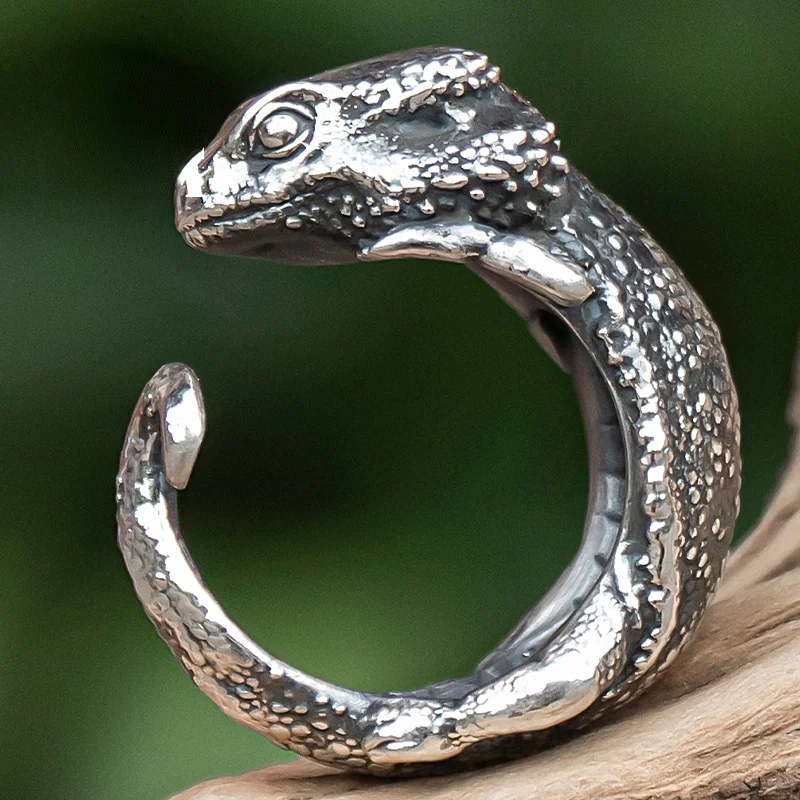 Silver Plated Personality Quadruped Lizard Opening Ring Men's and Women's Retro Index Finger Middle Finger Ring Punk Jewelry