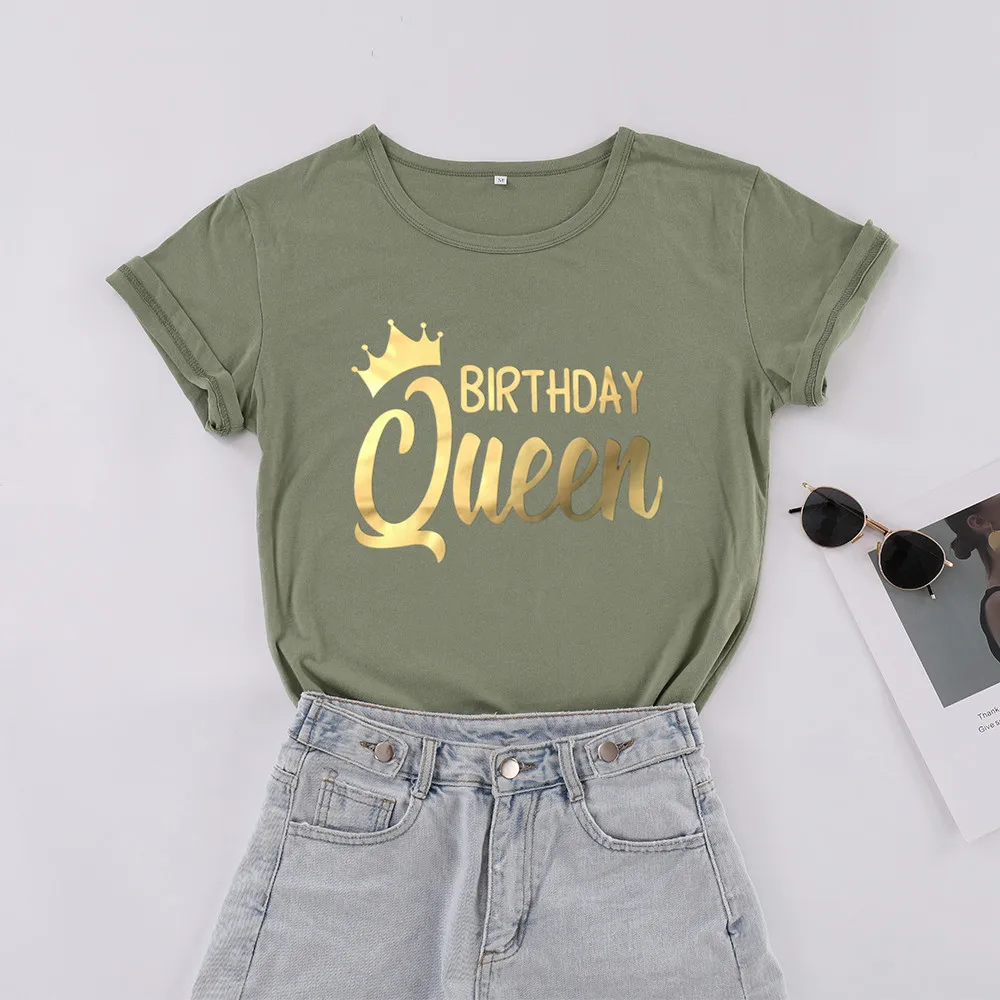Birthday Queen Party T Shirt Casual Gold Print Women T-shirt Plus Size Cotton O Neck Fashion Streetwear Short Sleeve Top Tees
