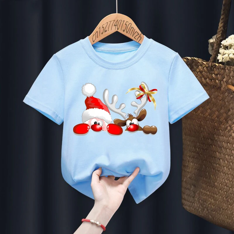 Cute Deer Merry Christmas Print Boys/Girls White T-shirt Kid Red Summer Kawaii Funny Clothes Little Baby Y2K Clothes,Drop Ship