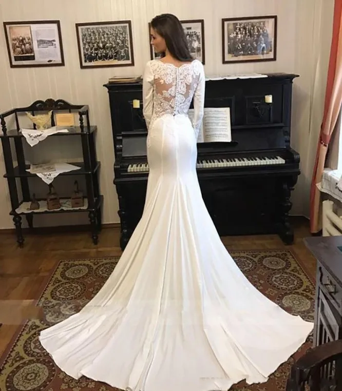 Vestidos de casamento sereia cetim com apliques de renda, Hot Scoop mangas compridas, vestidos de noiva finos, modesto robe simples, casamento árabe, 2024