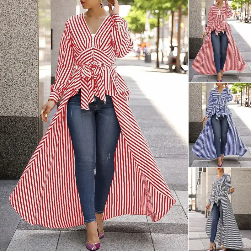 Fashion Women Stripe Long Sleeve Blouse Shirt V-Neck Maxi Dress Tunic Casual Long Tops Business office lady Dress