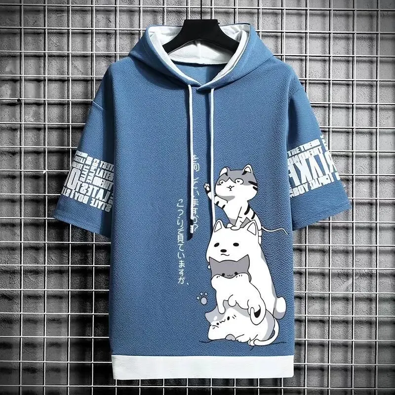 Man Summer Short Sleeve Hooded Graphic T Shirts Harajuku Cartoon Anime Shirt Japanese Streetwear Tees Casual Men Clothing 2021