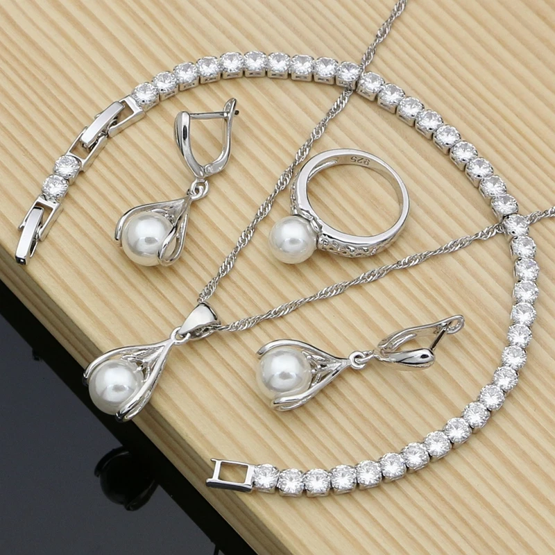 

Simple Pearl Costume Jewelry Sets New Fashion Silver 925 Jewelry Kits Wedding Bridal Stones Bracelet Rings Set Gift For Her