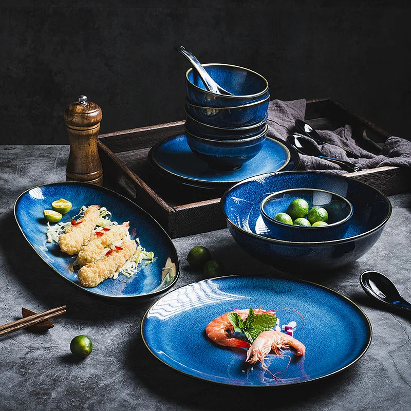 KINGLANG Single Japanese Blue kiln glazed ceramic tableware set rice bowl plate spoon Udon Ramen soup bowl dish