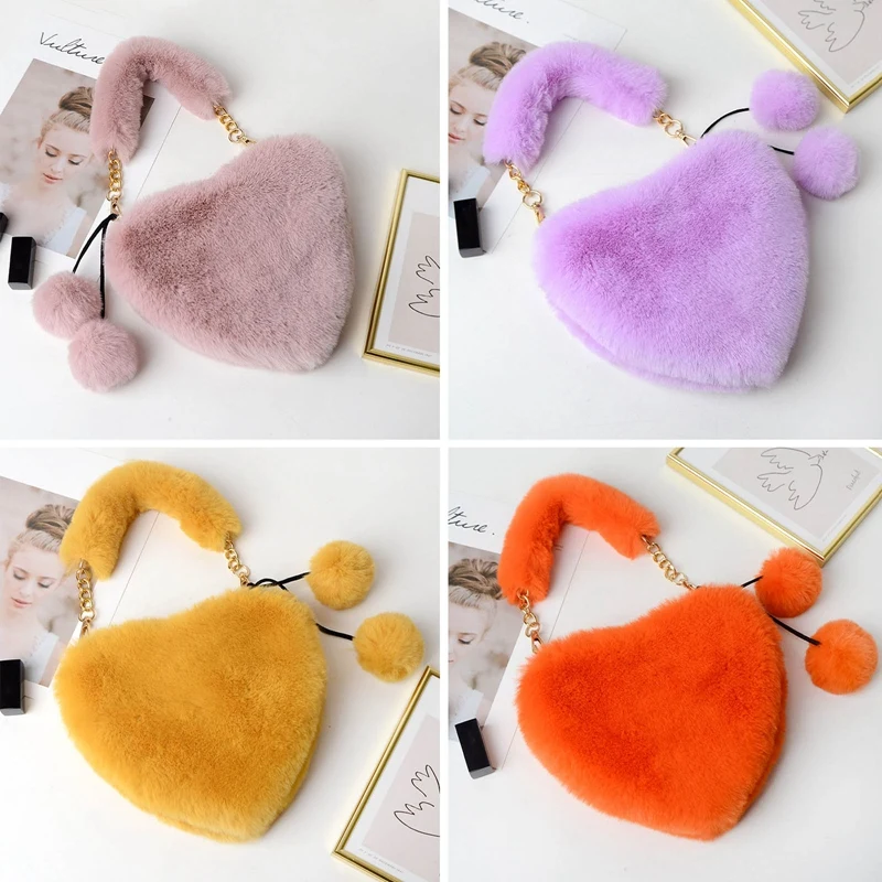 Heart Shape Winter Bag Women Plush Clutch Fashion Faux Fur Totes Underarm Handbags Party Shoulder Bags Female 2022 Hand Purse