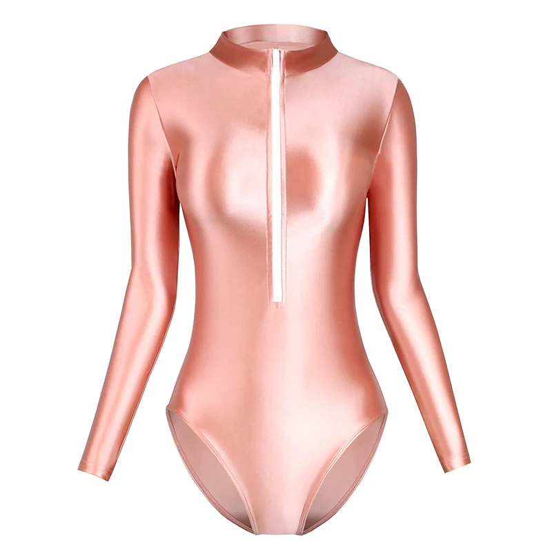 Satin Shiny Japanese Women\'s Sexy Body Suits Front Zipper Long Sleeve Tight Glossy Silky High Cut One Piece Swimsuit Plus Size