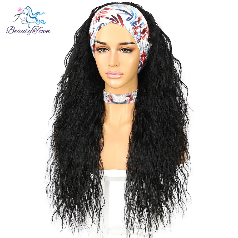 Kinky Curly Headband Wig for Women Daily Black Scarf Wig 26inches Long Party Travel Holiday Glueless Synthetic Wigs 2 Free Bands