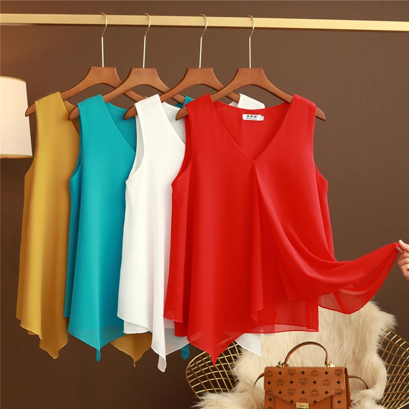 Fashion Women Chiffon Blouses Ladies Tops Loose Sleeveless V Neck Shirt Blusas Femininas Plus Size M-5XL Female Clothing XZ808