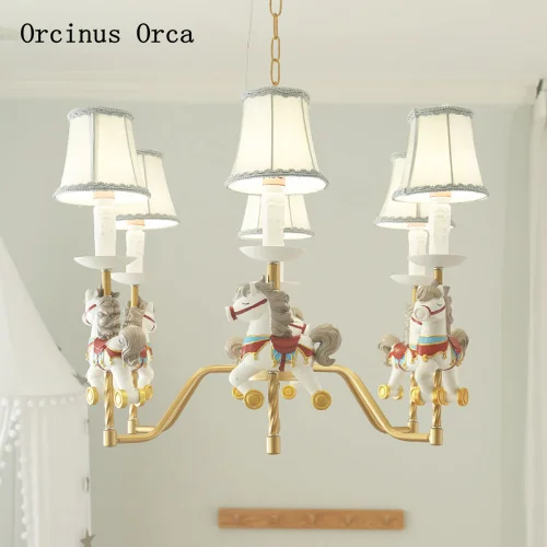 

American Creative merry go round chandelier Boy Girl Bedroom children's room lamp cartoon romantic white pony Chandelier