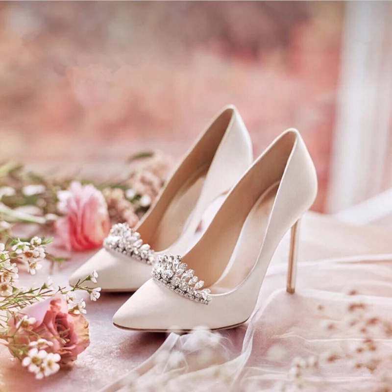 Spring Ladies Bling Rhinestone Crown Embellished Pumps Thin  Heels Satin Slip on Single Wedding Shoes Crystal Shoes