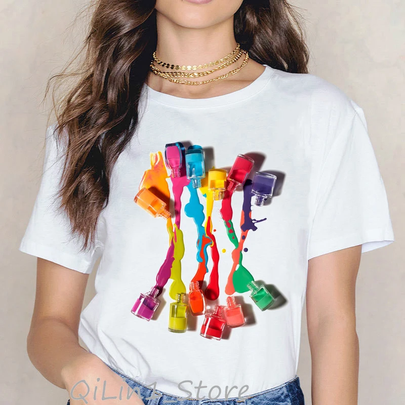 Summer Watercolor Nail Polish Print White T Shirt Funny Streetwear Ropa Mujer Tee Shirt Femme Cute Girl Female T-Shirt