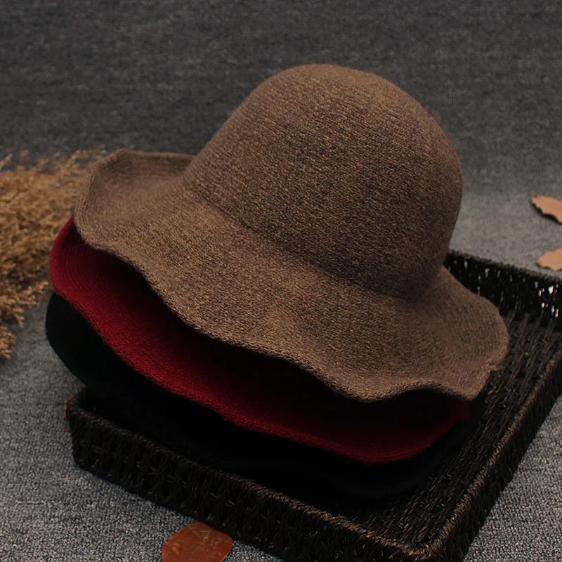 New Elegant Sheep Wool Cap Knitting Big Brim Fedora Hat Winter Thick Female Fashion Winter Hat Accessories