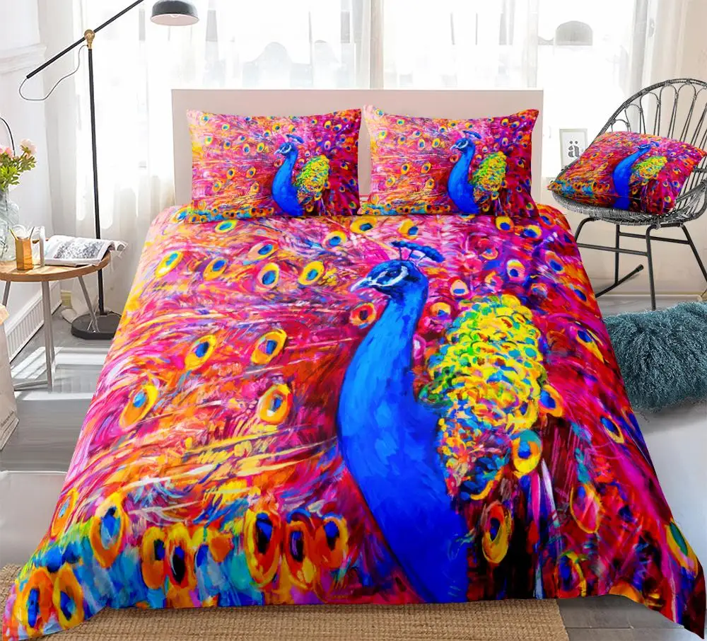 Kids Animal Bedding Set Galaxy Duvet Cover Set Water Color Bed Linen Boy Girl Home Textile Peacocks Bed Set Soft Microfiber Beds