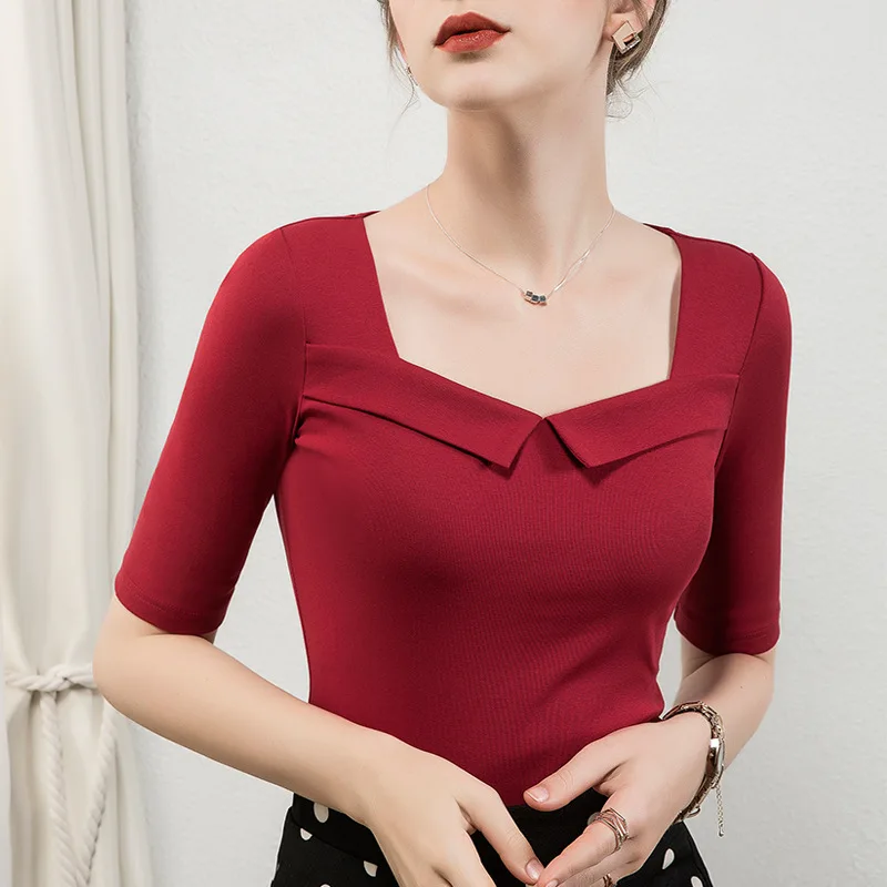 Women Soft Modal T-shirt Half Sleeve Square Collar Solid color Lady Basic Shirt  For Spring & Autumn Causal Top