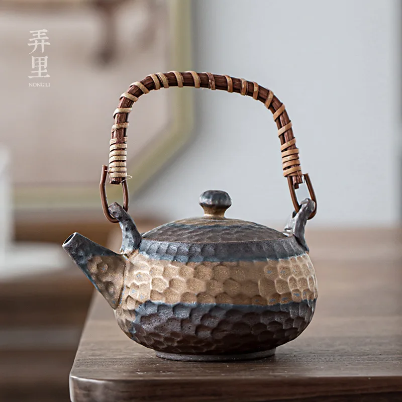 Japanese Style  Stoneware Hammered Teapot Loop-Handled Teapot Side Handle Pot Tea Making Single Teapot Kung Fu Tea Set Vintage