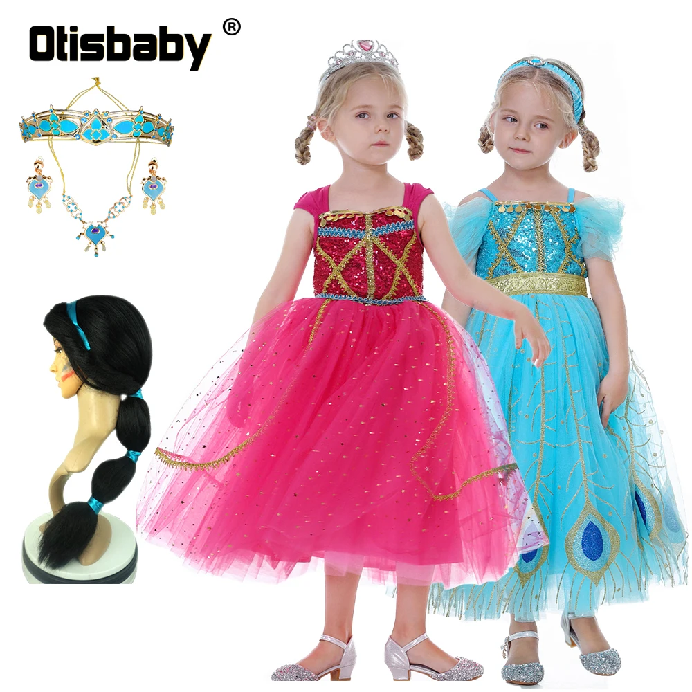 

2021 New Birthday Party Princess Jasmine Dress Halloween Aladdin Costume Sequined Performance Ballet Dress Peacock Pageant Gowns