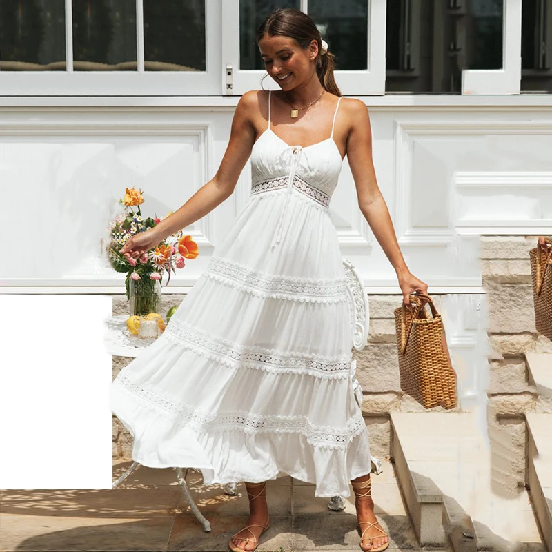 

Ardm Elegant High Waist Sleeveless White A-Line Summer Spaghetti Dress Women Lace Party Sexy Backless Boho Dresses Vestido Mid