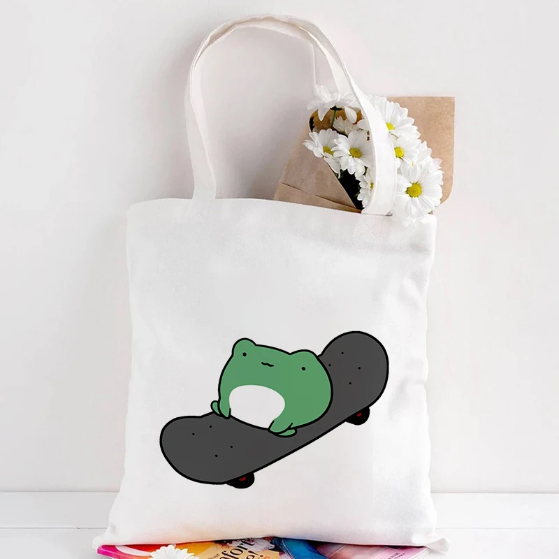 Kawaii Skateboard Frog Dinosaur Shopping Bag Reusable Canvas Shopper Bag Tote Bag Handbag Women Female Cotton Cloth Shoulder Bag