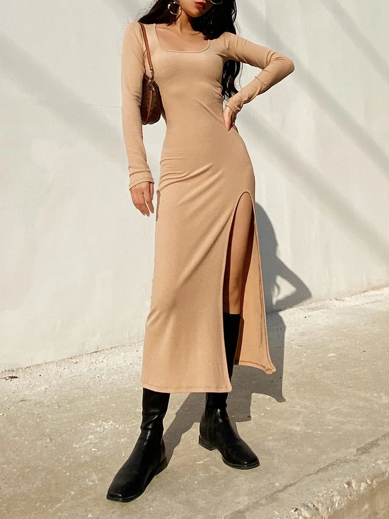 

Women Long Sleeve Split Cotton Dress Summer Autumn Elegant Casual Square Collar Dresses Gown Clothing