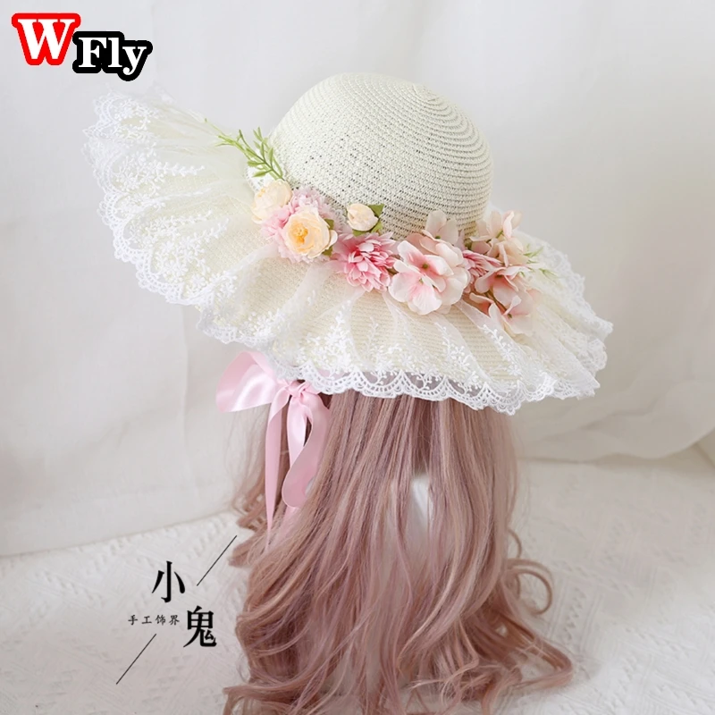 Harajuku Women Girls Summer Wide eaves Straw Hats Beach Sun Hat Sweet Lolita Lace Flower Straw Hat ladies sunhat Handmade