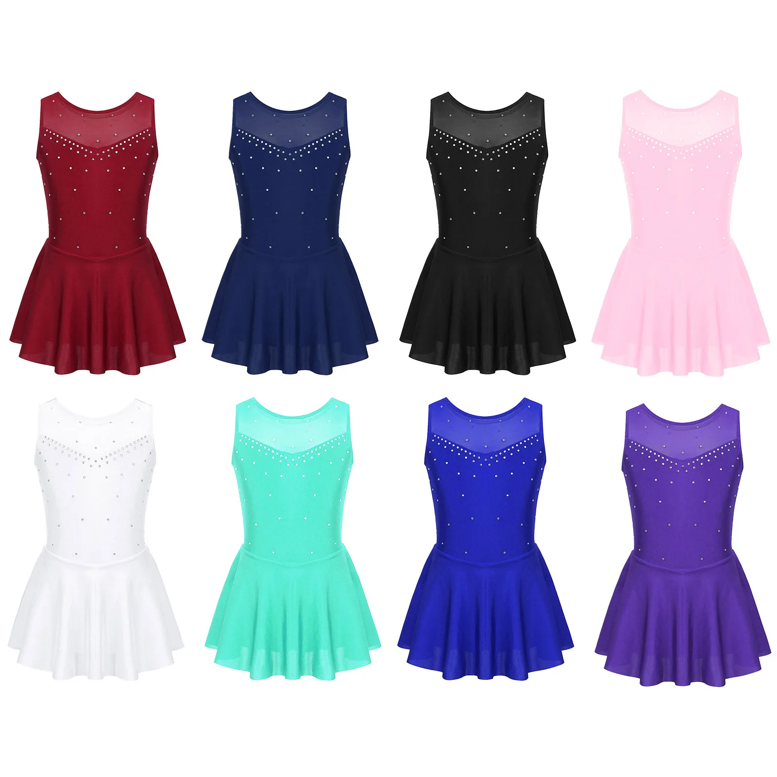 Kids Girls Ballet Dance Dress Sleeveless See-through Mesh Gymnastics Leotards Figure Skating Dress Stage Dancing Costume