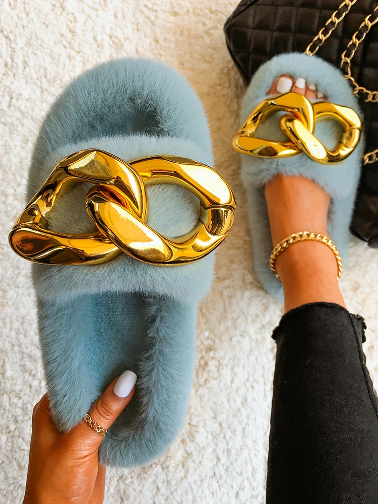 Women's Shoes Faux Fur Slides Crystal Tulip Flat Sandals Luxury Designer Flip Flops Female Winter Plush Slippers 2022