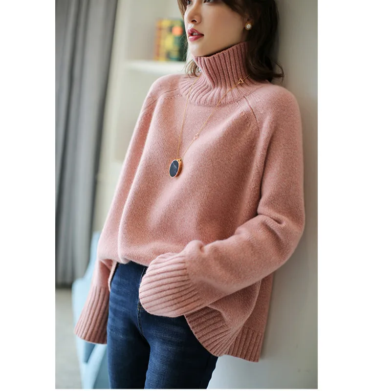 Autumn and winter thickened cashmere sweater women loose turtleneck loose large size solid color knit bottom