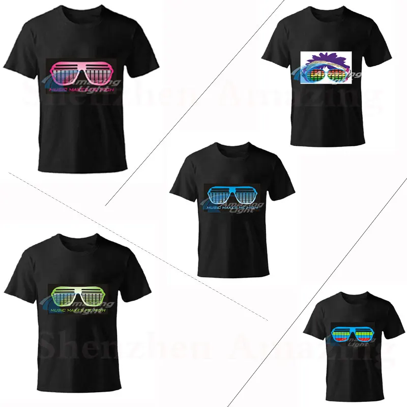 Men's Light Up LED T-shirt 100% Cotton Color Glasses Flashing El Panel T Shirt Music Sound Activated Flashing T-shirt