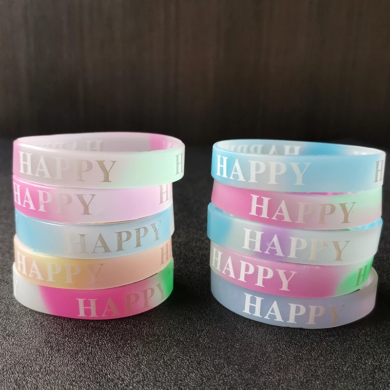 20PCS Lot Multi Night Glowing Shining Silicone Wristband Print Letter Happy Bracelets Fitness Sport Bangles Birthday Party Gifts