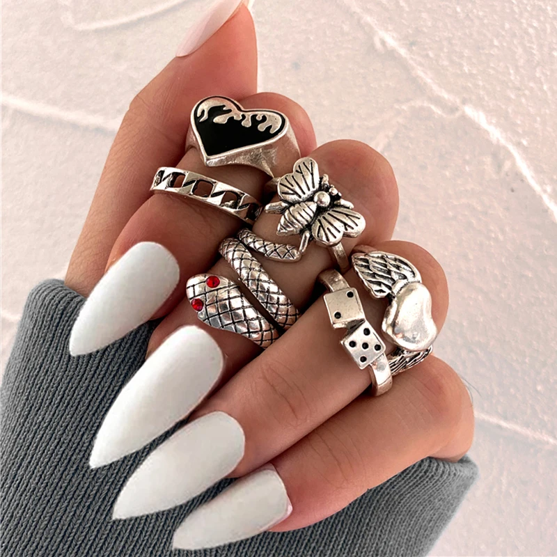 Punk Vintage Silver Color Poker Billiards Ring Set for Women Gothic Heart Anillos Hip Hop Y2k Korean Fashion Male Gift Jewelry