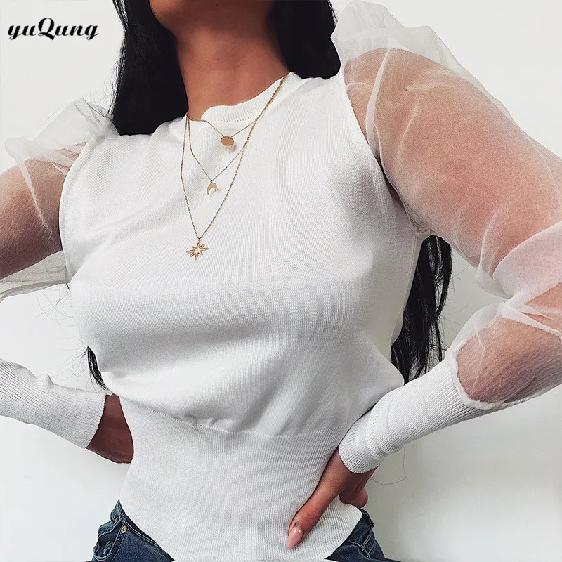 yuqung women organza long puff sleeve Knit Jumper crop top thin shirt Sweater Pullover Knitwear top 2019 Autumn Pull Femme black