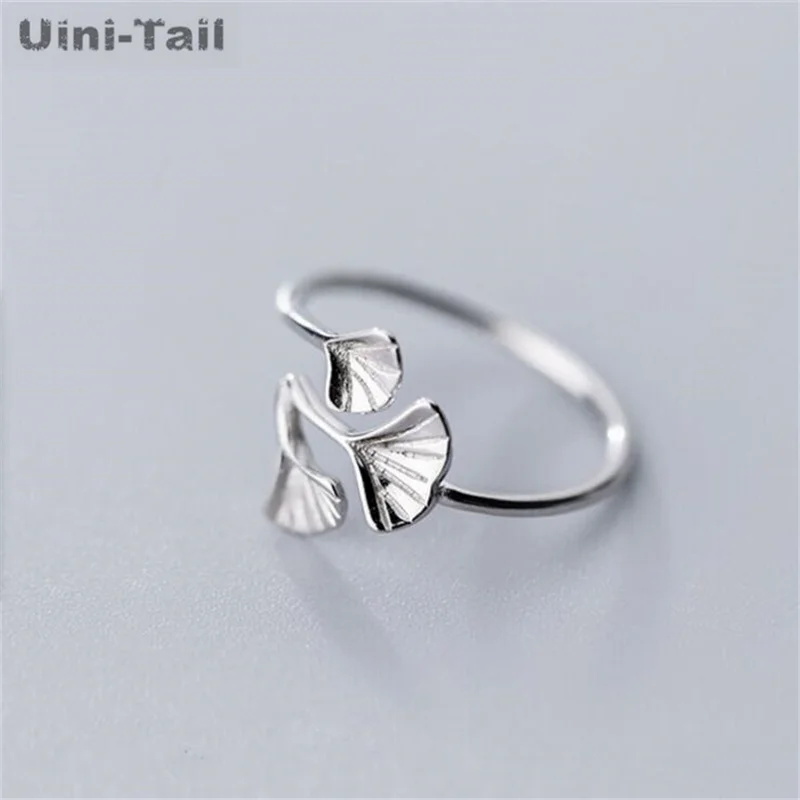 UiniTail new design hot-selling 925 Tibetan silver three ginkgo leaf open ring fashion literary fresh simple girlfriend ring