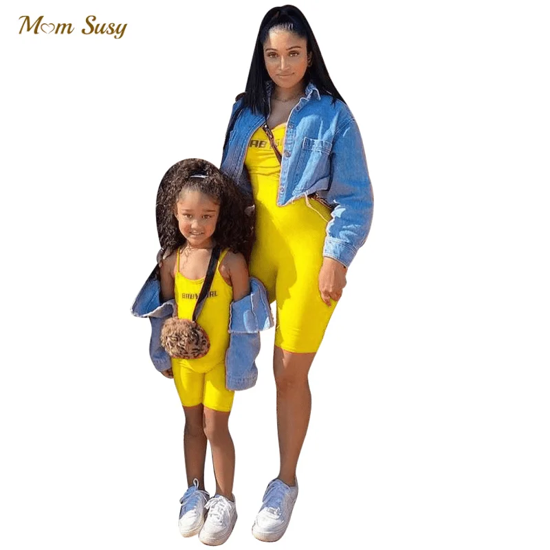 Fashion Family Matching Strap Jumpsuit Mom Daughter Sleeveless Pullover Sport Outfit Summer Overalls Onesies Solid Color