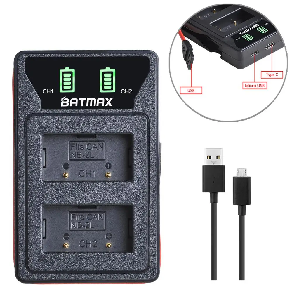 2Pcs NB-2L NB2L NB-2LH NB 2LH NB2LH Camera Battery + LED USB Dual Charger for Canon EOS 350D/400D Rebel XT XTi  G7 G9 Kiss N X R