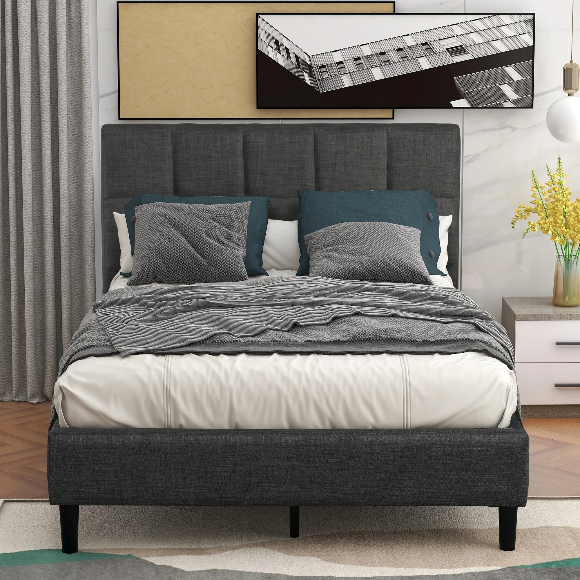 Upholstered Diamond Stitched Platform Bed Twin Gray  Bedroom Furniture for Livingroom