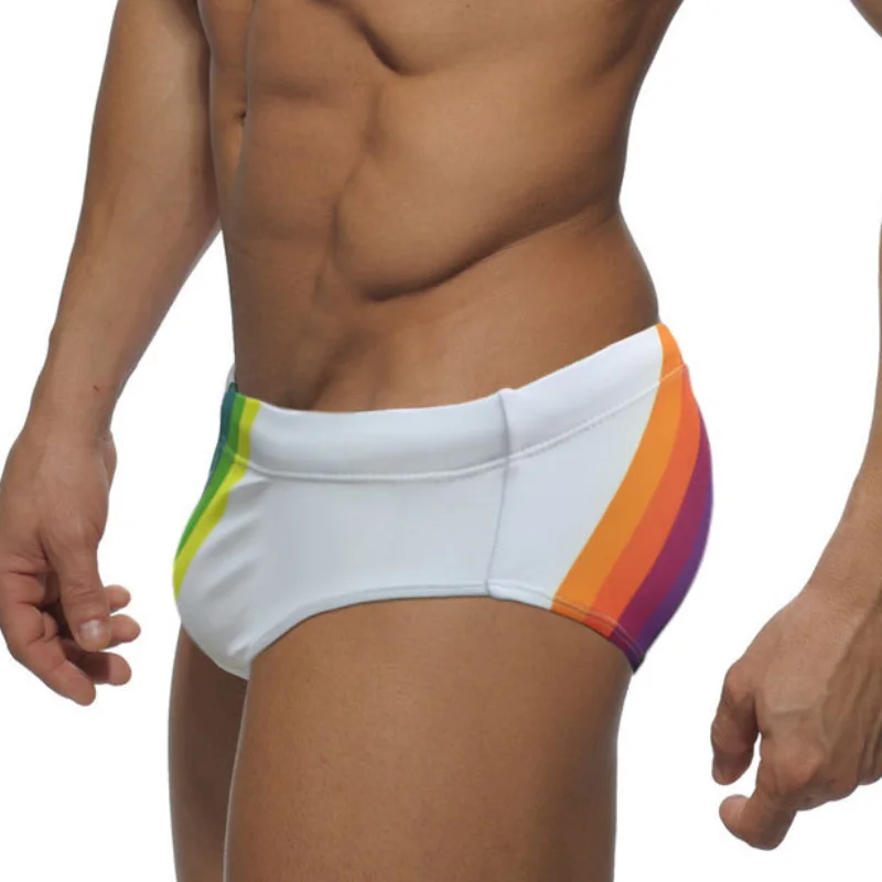 Sexy Rainbow Stripes Swimsuit Man Swimwear Men Bikini Swimming Briefs Push Up Pad Mens Swim Trunks for Beach Wear Surf Bath Suit