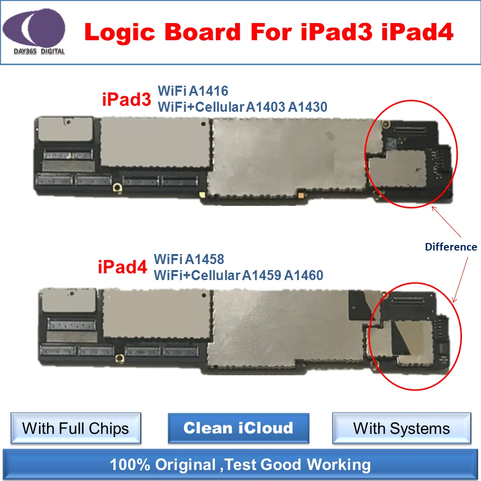 iCloud free Unlocked Motherboard for iPad 3 A1416 A1430 A1403 Logic Boards for iPad 4  A1458  A1459 A1460 WiFi Cellular version