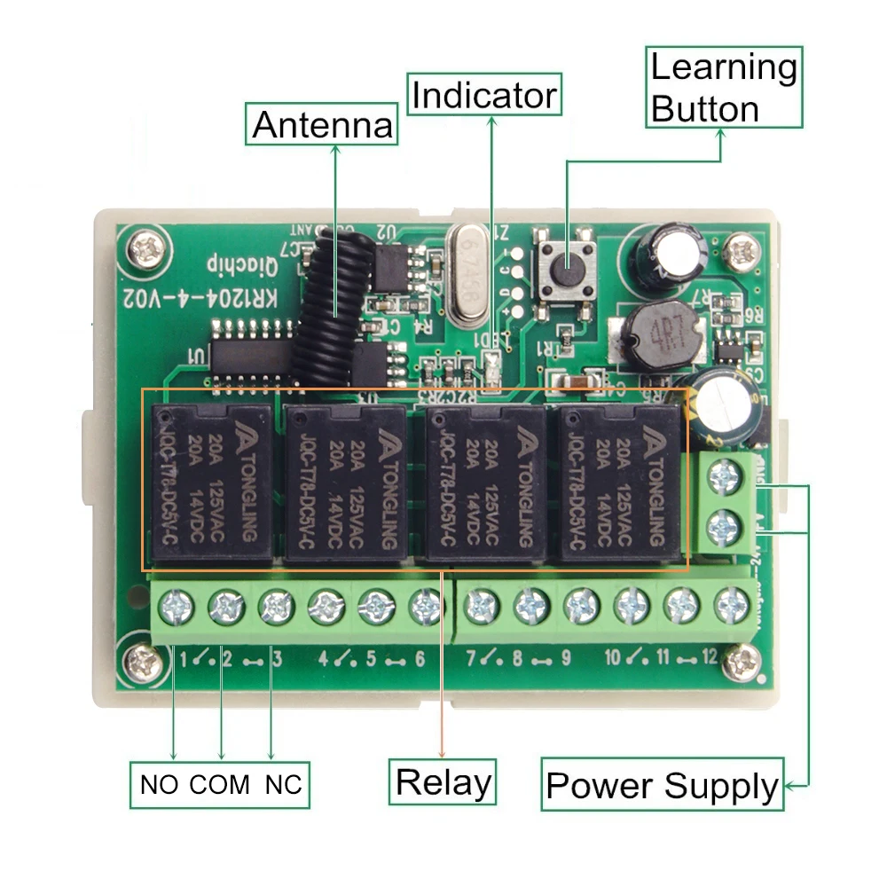 433MHz Receiver Module Wireless Remote Control Switch Motor Controller DC 6V 12V 24V 30V 4 Gangs Relay