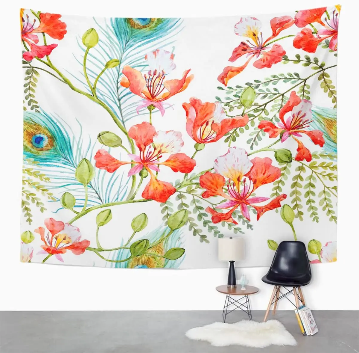 Tapestry Watercolor Tropical Pattern with Tree Branches Royal Poinciana Peacock Feathers Delonix Regia Tapestries Wall Hanging