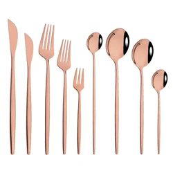 Rose Gold Mirror Cutlery Set Fruit Forks Spoons Dessert Knives Wedding Dinnerware Stainless Steel Flatware Dinner Tableware Set