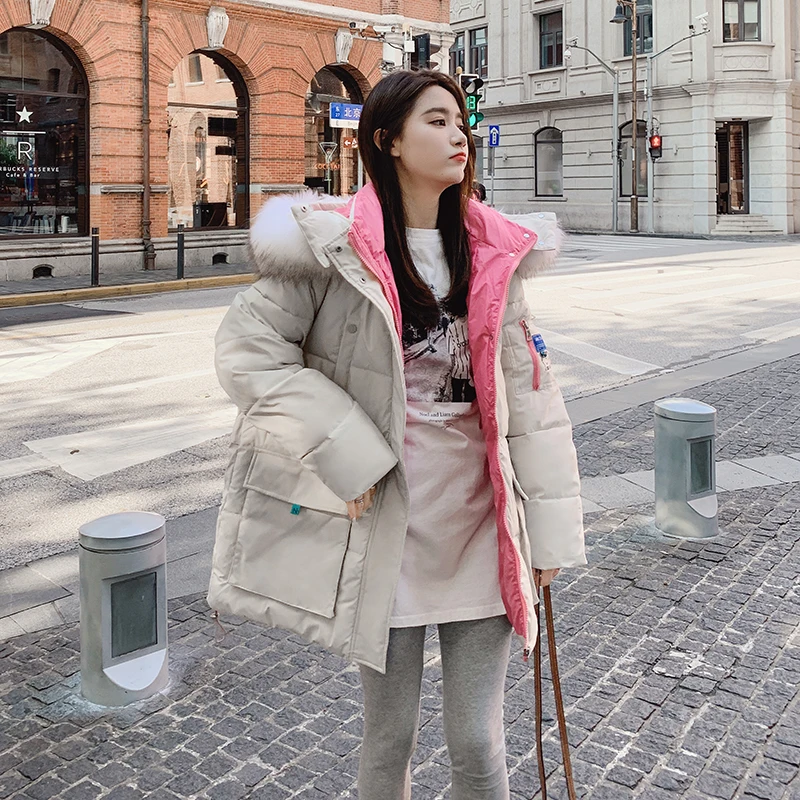 Winter 2021 new mid-length jacket warm hooded down cotton parka coat women's casual loose winter big fur collar ladies jacket