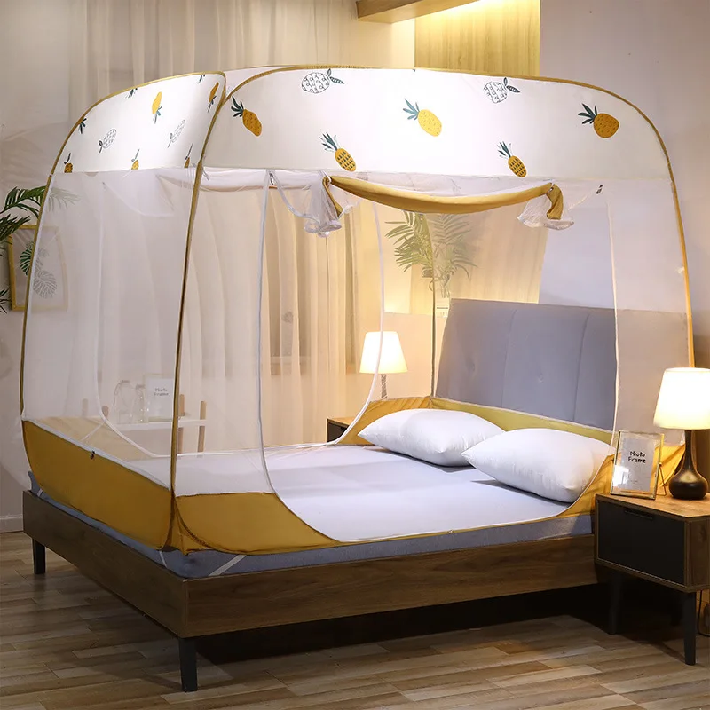 2022 Summer New Cartoon Free Installation of Bed-type Mosquito Nets Encrypted Foldable Yurt Dust-proof Roof  4 Corner Canopy