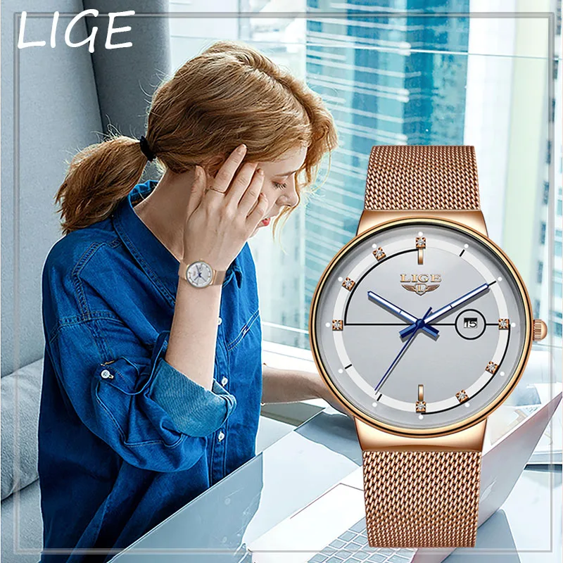 Women Watches LIGE Top Brand Luxury Ladies Mesh Belt Ultra-thin Watch Stainless Steel Waterproof Clock Quartz Watch Reloj Mujer