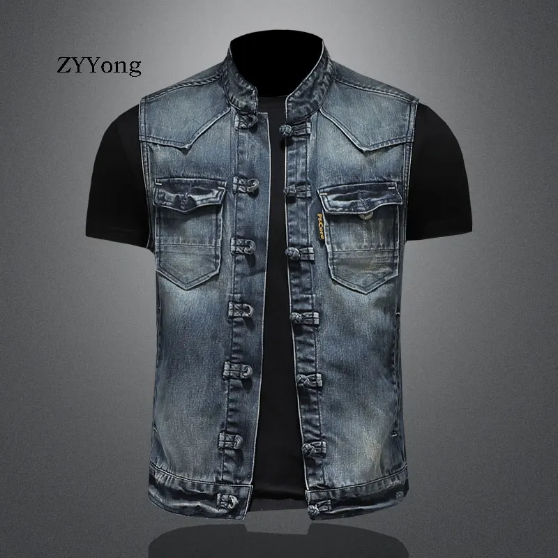 Spring Retro Stand Collar Colorblock Single Breasted Sleeveless Blue Slim Denim  Vest Coat Men Waistcoat Jean Jacket Gilet Homme