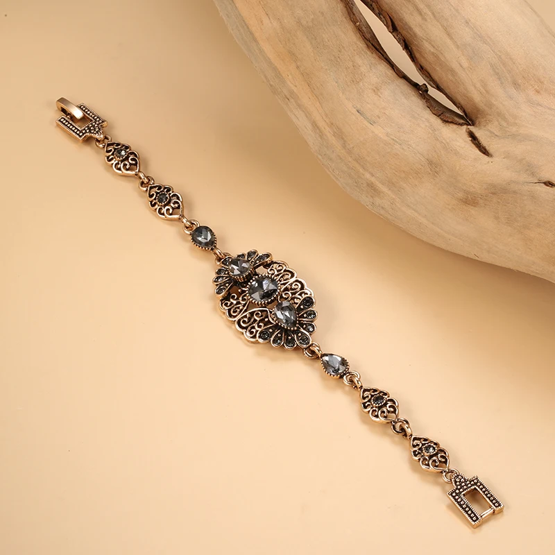 Kinel Charm Gray Crystal Boho Women Bracelet Antique Gold Color Ethnic Bridal Wedding Vintage Jewelry Russia Accessories