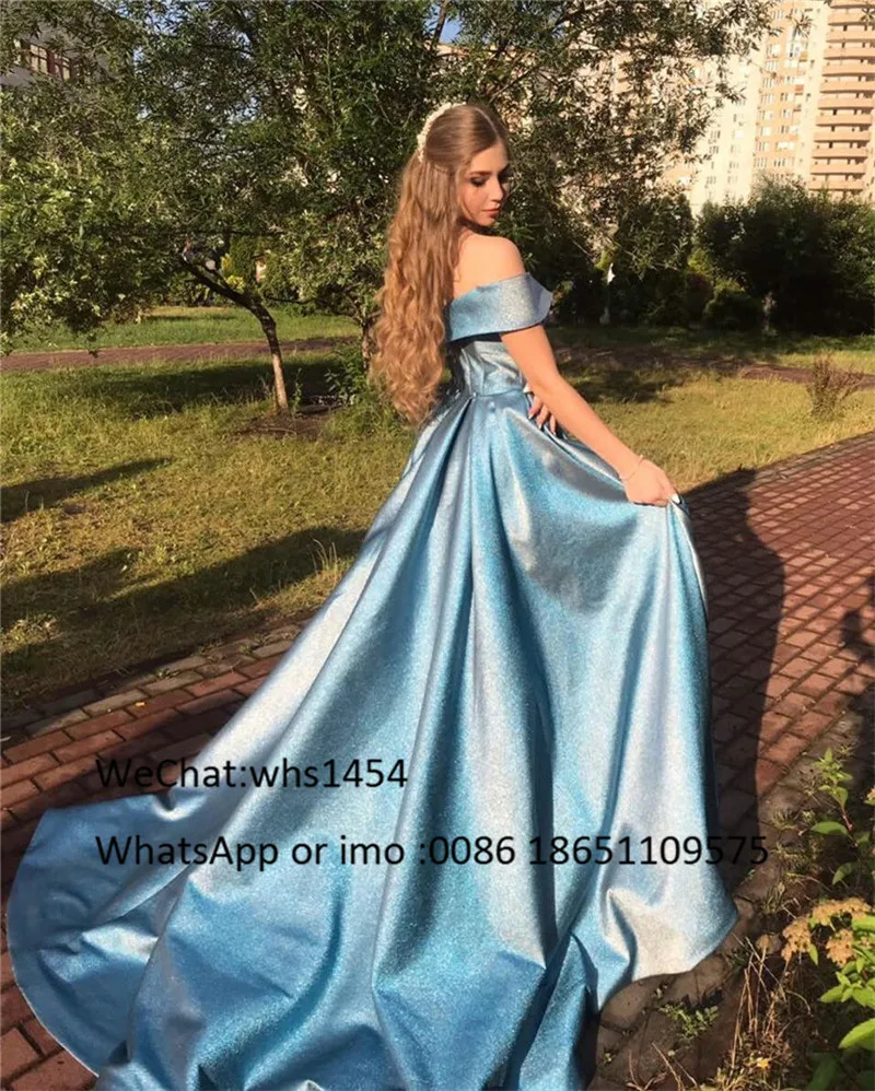 Mbcullyd Blu Paillettes Vestito Da Promenade 2020 Elegante Off Spalla Una Linea Lungo di Laurea Abiti Del Partito Per Le Donne A Buon Mercato Robe De soiree