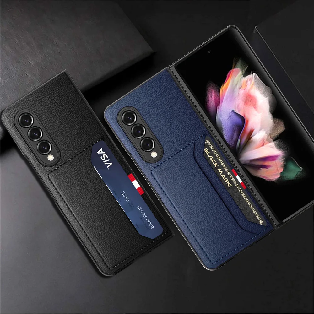 Case for Samsung Galaxy Z Fold 3 Folding Phone Case Lychee Pattern Phone Case Double Card Holder Shell Membrane Integrated