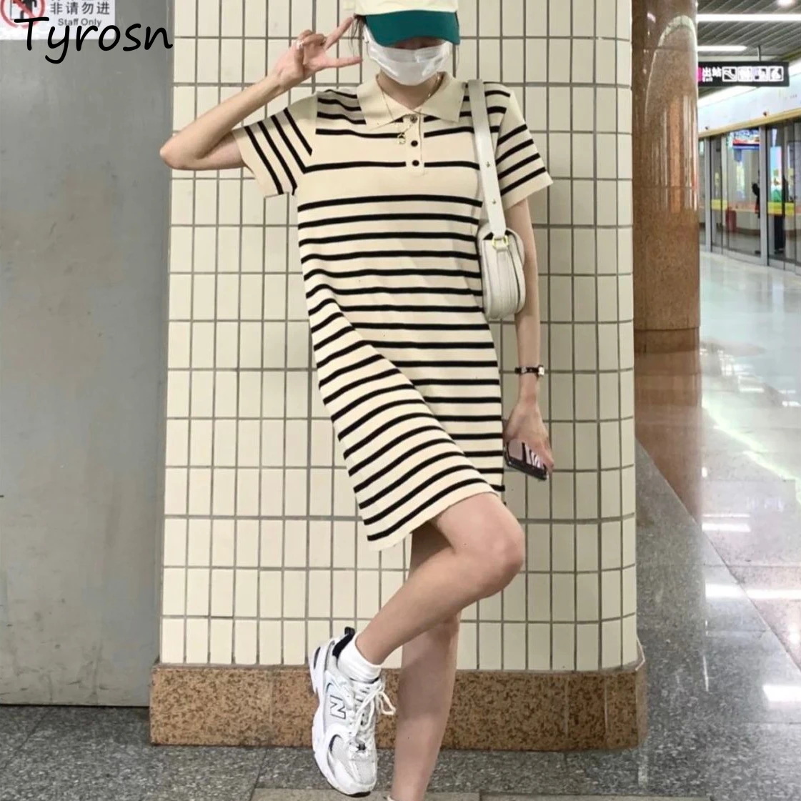 

Short Sleeve Dress Women Striped Summer Students Turn-down Collar Knee-length Straight Harajuku Korean Style Chic Retro Vestidos