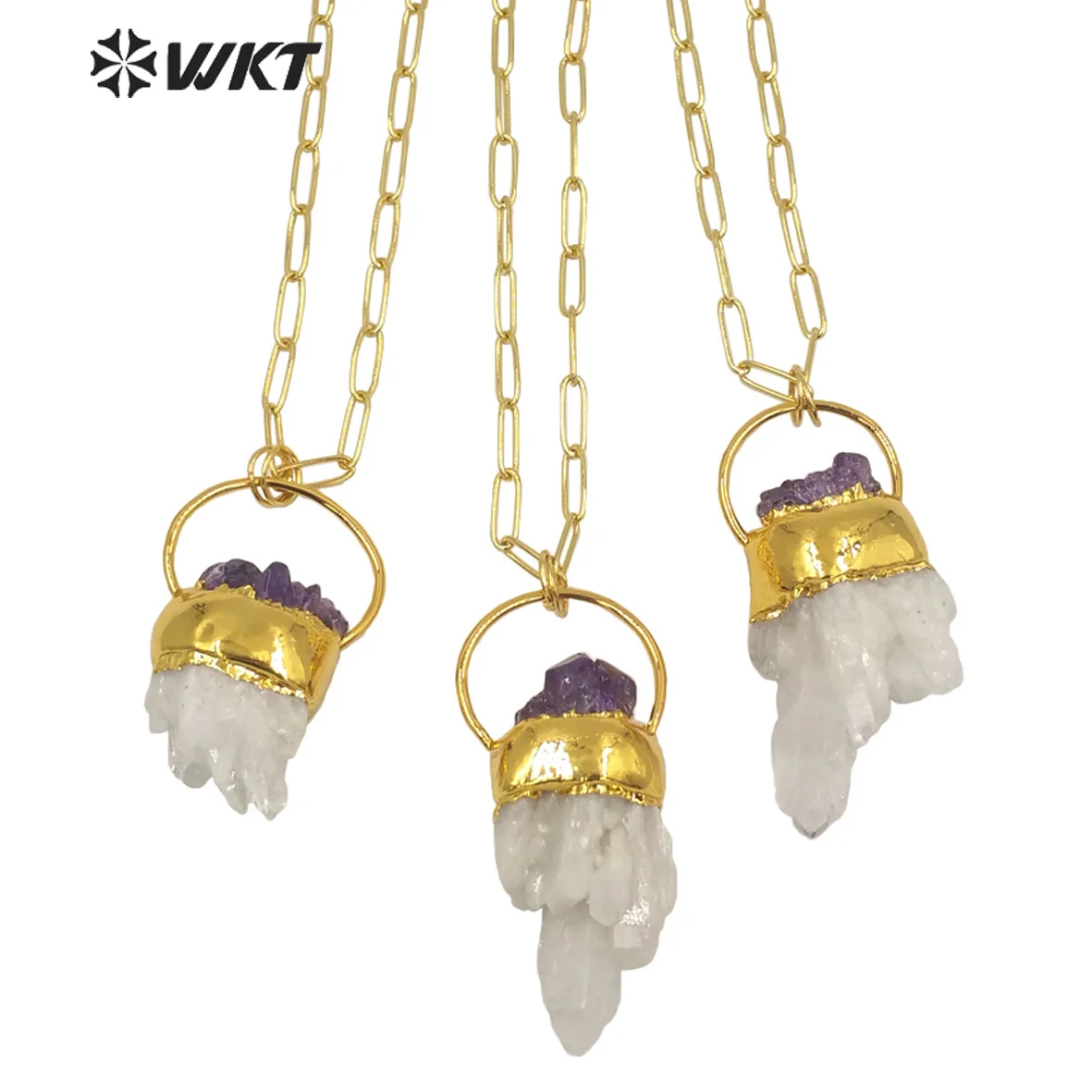 WT-N1275 Wholesale Women Stone Pendant Link Chain Irregular White Crystal Necklace Charming Cluster Quartz Pendant Necklace